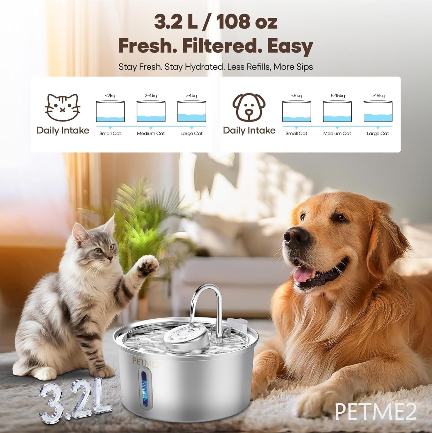 Elevate Your Pet's Hydration: Luxury 2026 Smart Stainless Steel Water Fountain for Cats & Dogs - 3.2L Capacity, LED Light, Quiet Pump, Dual Flow Modes, 4-Layer Filter, Dishwasher Safe