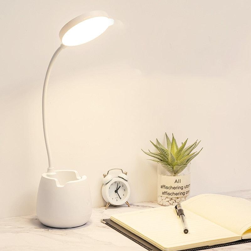 Dimmable LED Desk Lamp with Pen Holder – USB Rechargeable, Eye Protection