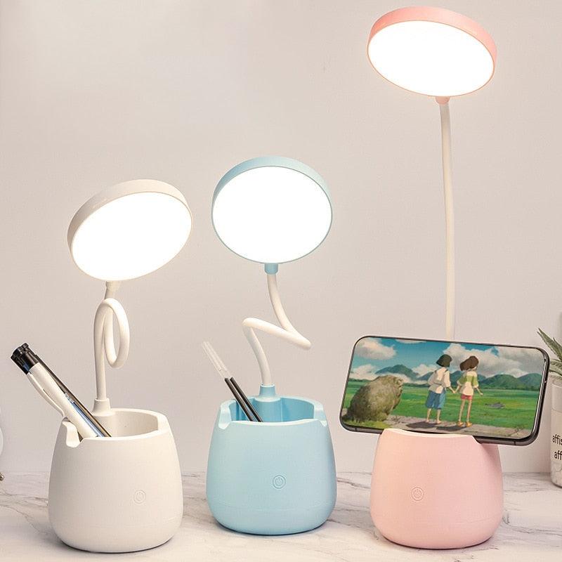 Dimmable LED Desk Lamp with Pen Holder – USB Rechargeable, Eye Protection