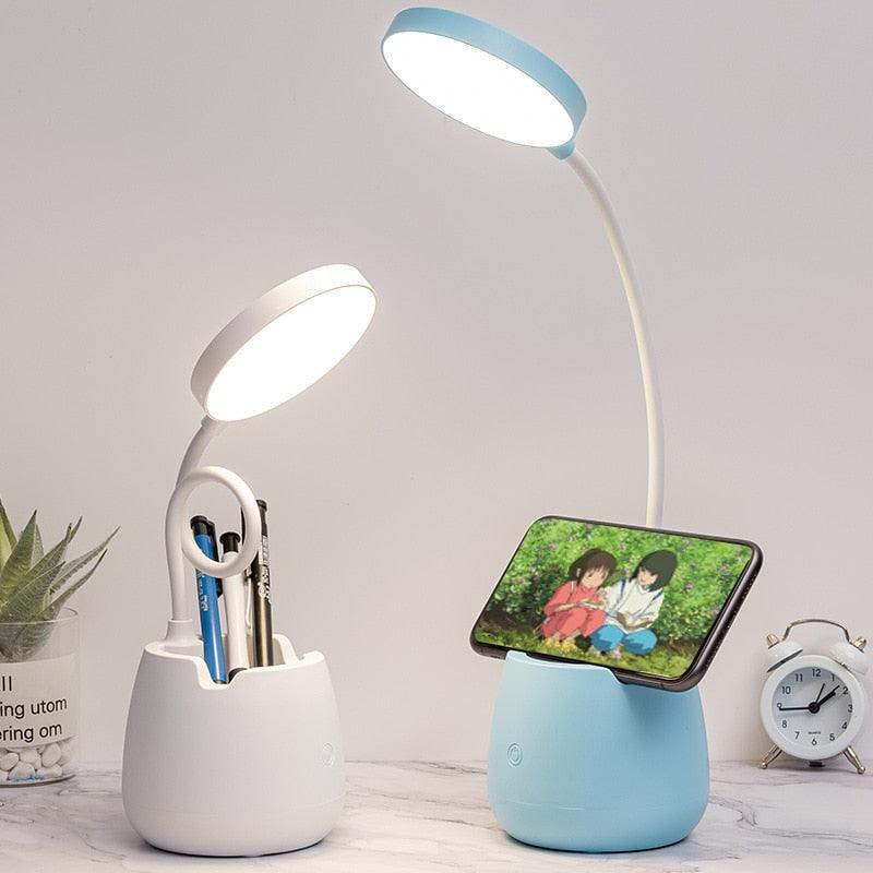 Dimmable LED Desk Lamp with Pen Holder – USB Rechargeable, Eye Protection