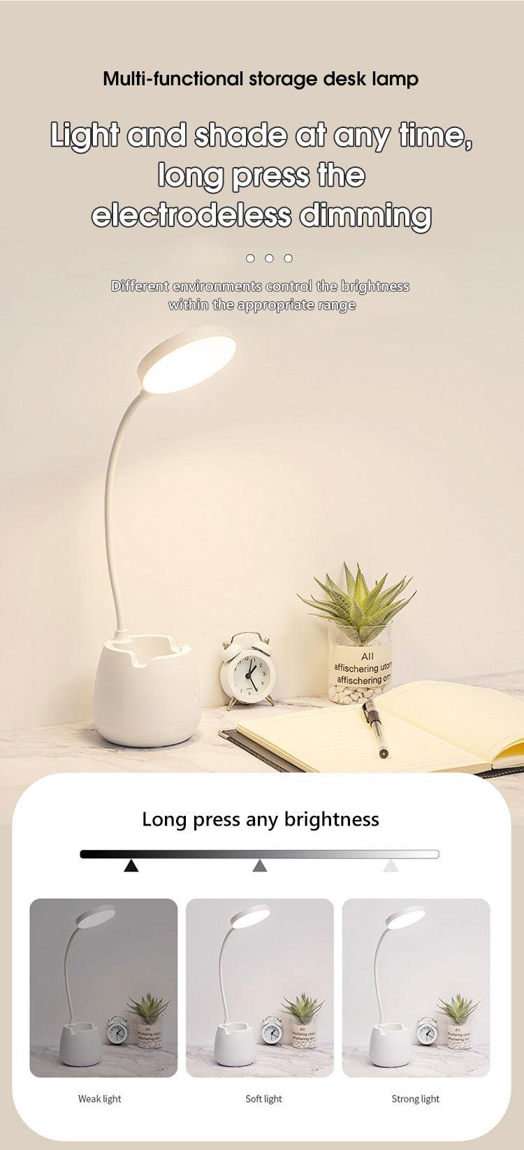 Dimmable LED Desk Lamp with Pen Holder – USB Rechargeable, Eye Protection