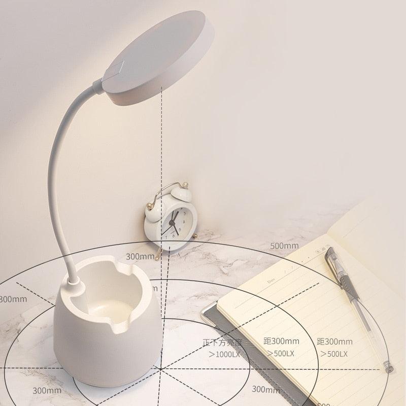 Dimmable LED Desk Lamp with Pen Holder – USB Rechargeable, Eye Protection