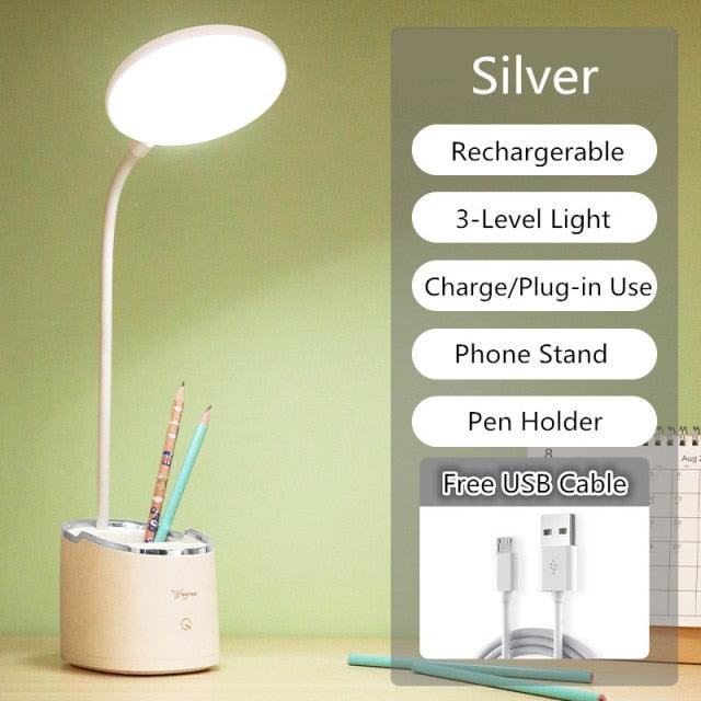LED Touch Desk Lamp with Pen Holder & Phone Stand – USB Rechargeable