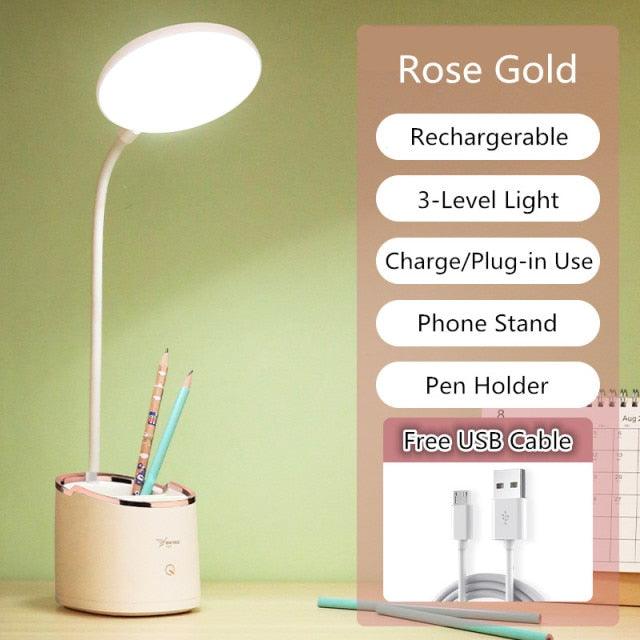 LED Touch Desk Lamp with Pen Holder & Phone Stand – USB Rechargeable