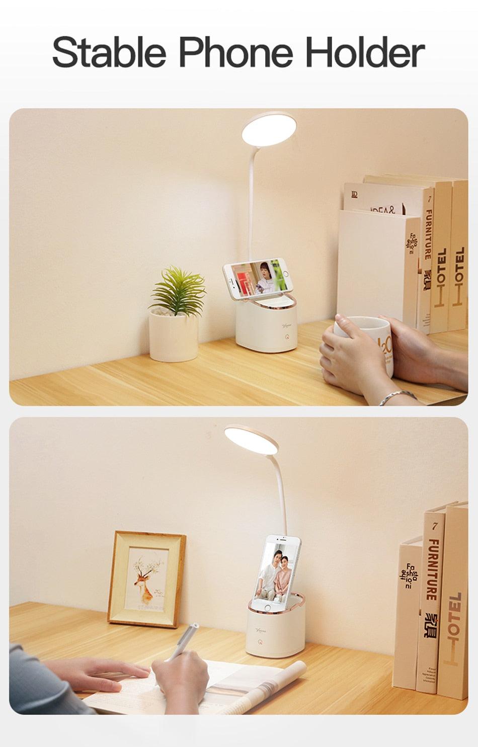 LED Touch Desk Lamp with Pen Holder & Phone Stand – USB Rechargeable